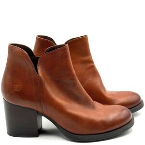 Born Olivia Ankle Boot Womens 7.5 Cognac Brown Leather Block Heel V-Cut Side Zip